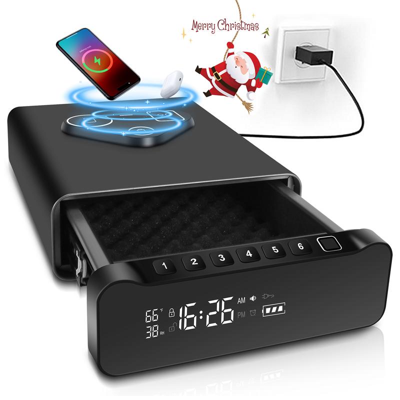IRONWATCH Vault Pro™ – Biometric Fingerprint Security Safe with Clock | 3-in-1 Wireless Charging for Phone & Watch | Alarm + Humidity + Temp Screen