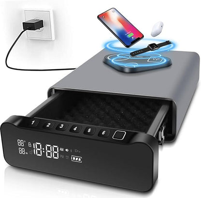 IRONWATCH Vault Pro™ – Biometric Fingerprint Security Safe with Clock | 3-in-1 Wireless Charging for Phone & Watch | Alarm + Humidity + Temp Screen