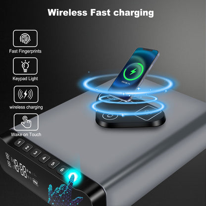IRONWATCH Vault Pro™ – Biometric Fingerprint Security Safe with Clock | 3-in-1 Wireless Charging for Phone & Watch | Alarm + Humidity + Temp Screen