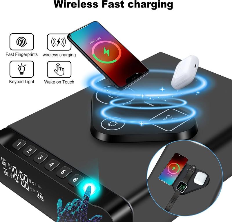 IRONWATCH Vault Pro™ – Biometric Fingerprint Security Safe with Clock | 3-in-1 Wireless Charging for Phone & Watch | Alarm + Humidity + Temp Screen